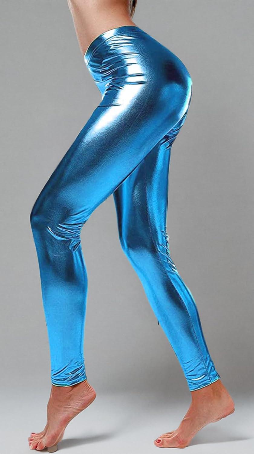 imageLoxdonz Women Wet Look Shiny Metallic Leggings Liquid Waist Stretch PantsTurquoise