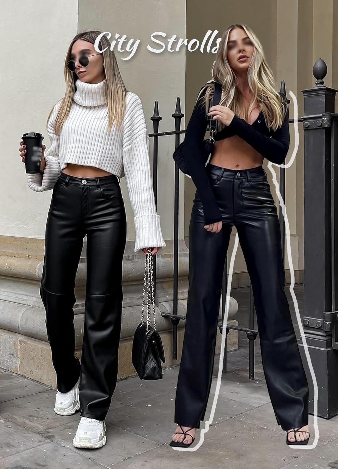 imageNavneet Women Faux Leather Pants PU High Waist Straight Leg Pant with Pockets Leather Leggings Bell Bottom Flare Pants0 Black Wide Leg Leather Pants