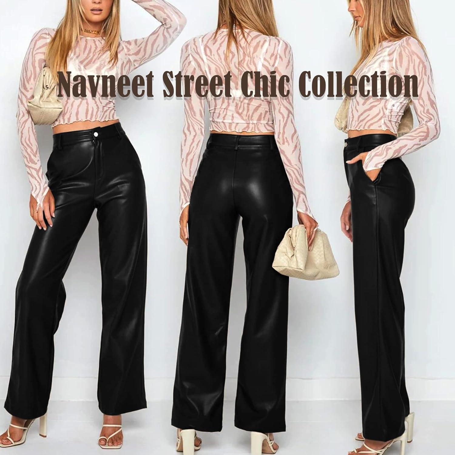 imageNavneet Women Faux Leather Pants PU High Waist Straight Leg Pant with Pockets Leather Leggings Bell Bottom Flare Pants0 Black Wide Leg Leather Pants