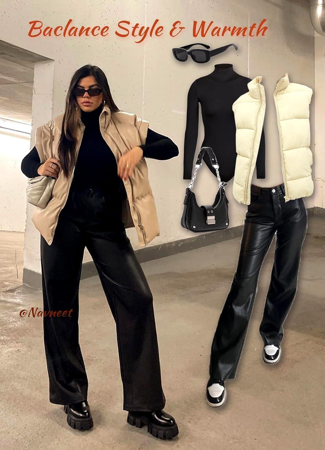 imageNavneet Women Faux Leather Pants PU High Waist Straight Leg Pant with Pockets Leather Leggings Bell Bottom Flare Pants0 Black Wide Leg Leather Pants