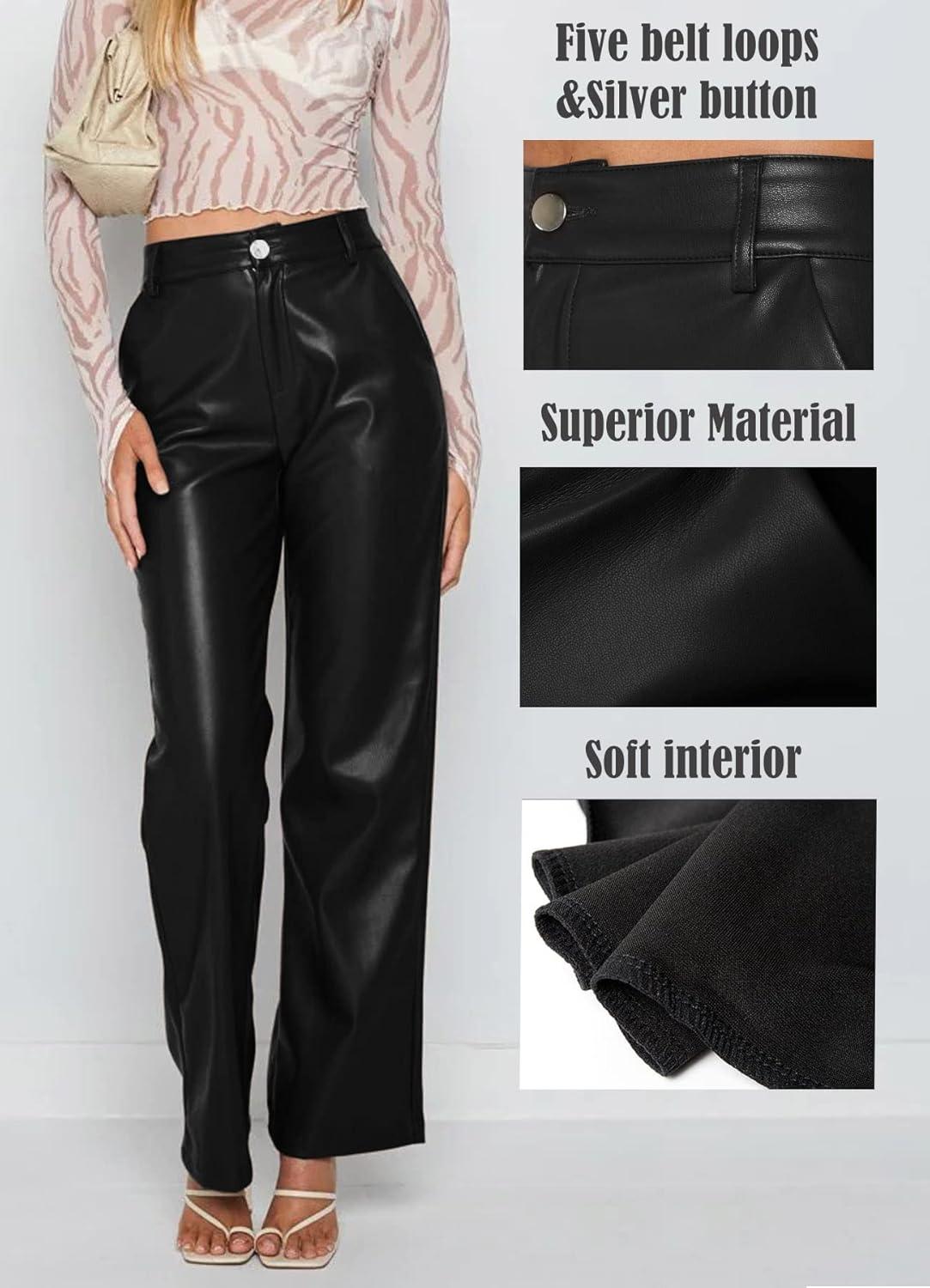 imageNavneet Women Faux Leather Pants PU High Waist Straight Leg Pant with Pockets Leather Leggings Bell Bottom Flare Pants0 Black Wide Leg Leather Pants