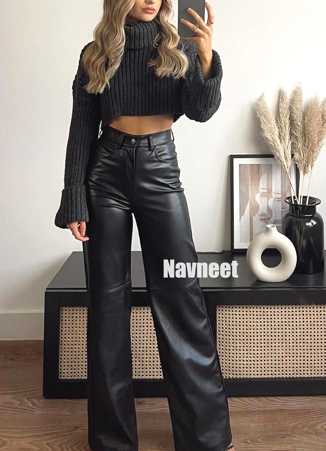 imageNavneet Women Faux Leather Pants PU High Waist Straight Leg Pant with Pockets Leather Leggings Bell Bottom Flare Pants0 Black Wide Leg Leather Pants