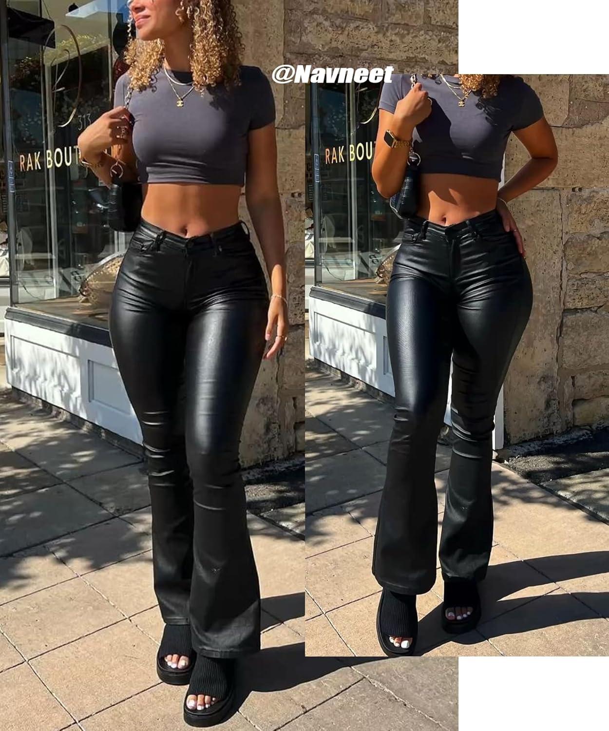imageNavneet Women Faux Leather Pants PU High Waist Straight Leg Pant with Pockets Leather Leggings Bell Bottom Flare Pants2 Black Flare Leather Pants