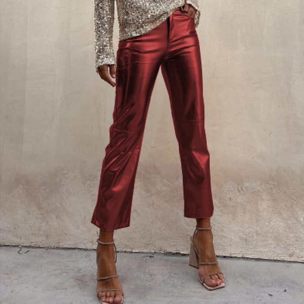 imageShiny Metallic Womens Holographic Glitter Rave Dance Cropped PantsWine Red