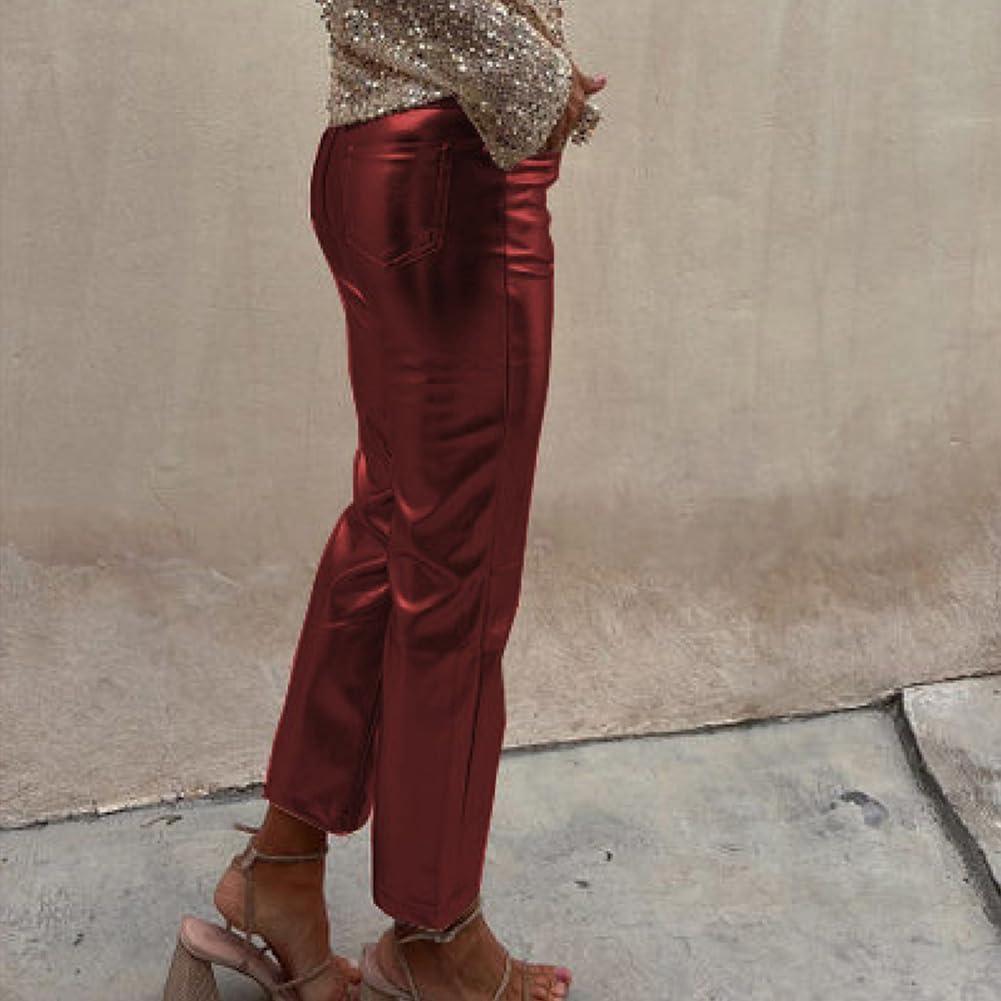 imageShiny Metallic Womens Holographic Glitter Rave Dance Cropped PantsWine Red