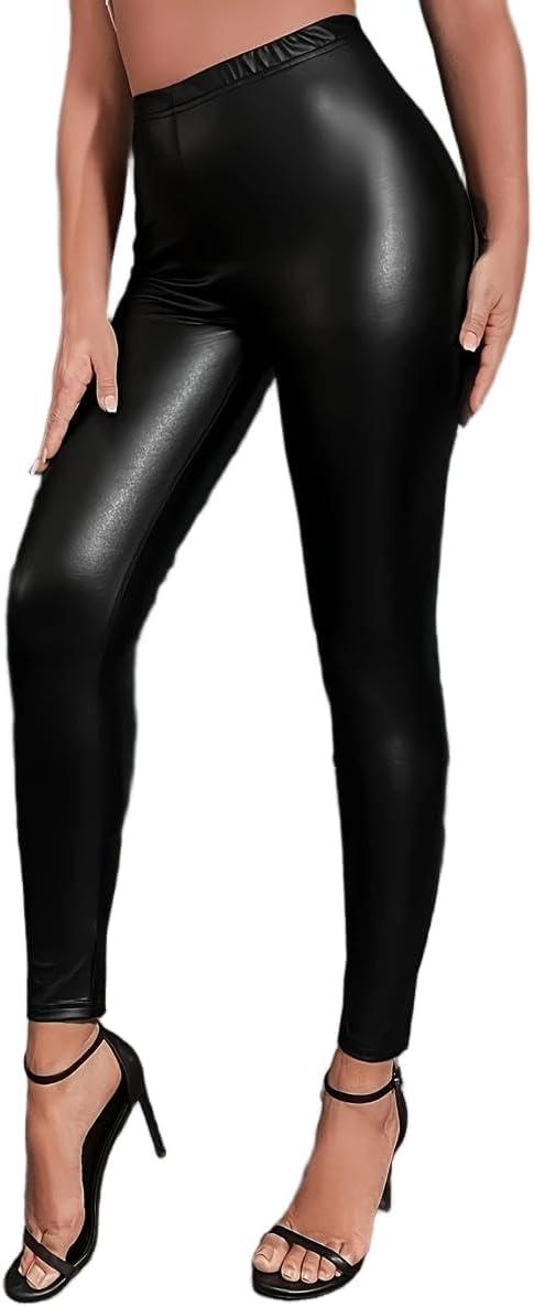imageWomens High Waisted Faux Leather Leggings Wet Look Stretchy Pleather Skinny Pants Tummy ControlBlack