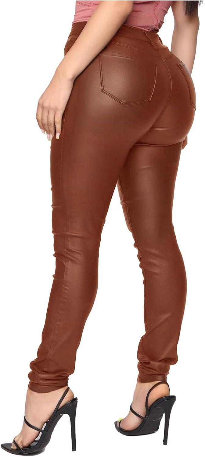 imageWomens High Waisted Stretch Faux Leather Pants PU Coated Legging Juniors015light Coffe