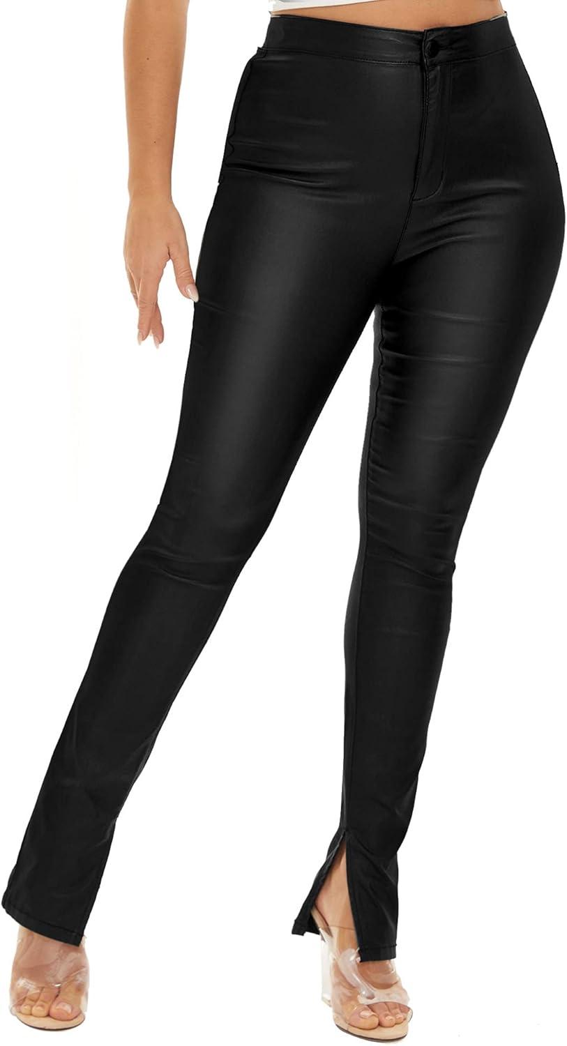 imageWomens High Waisted Stretch Faux Leather Pants PU Coated Legging Juniors019split Hem Black