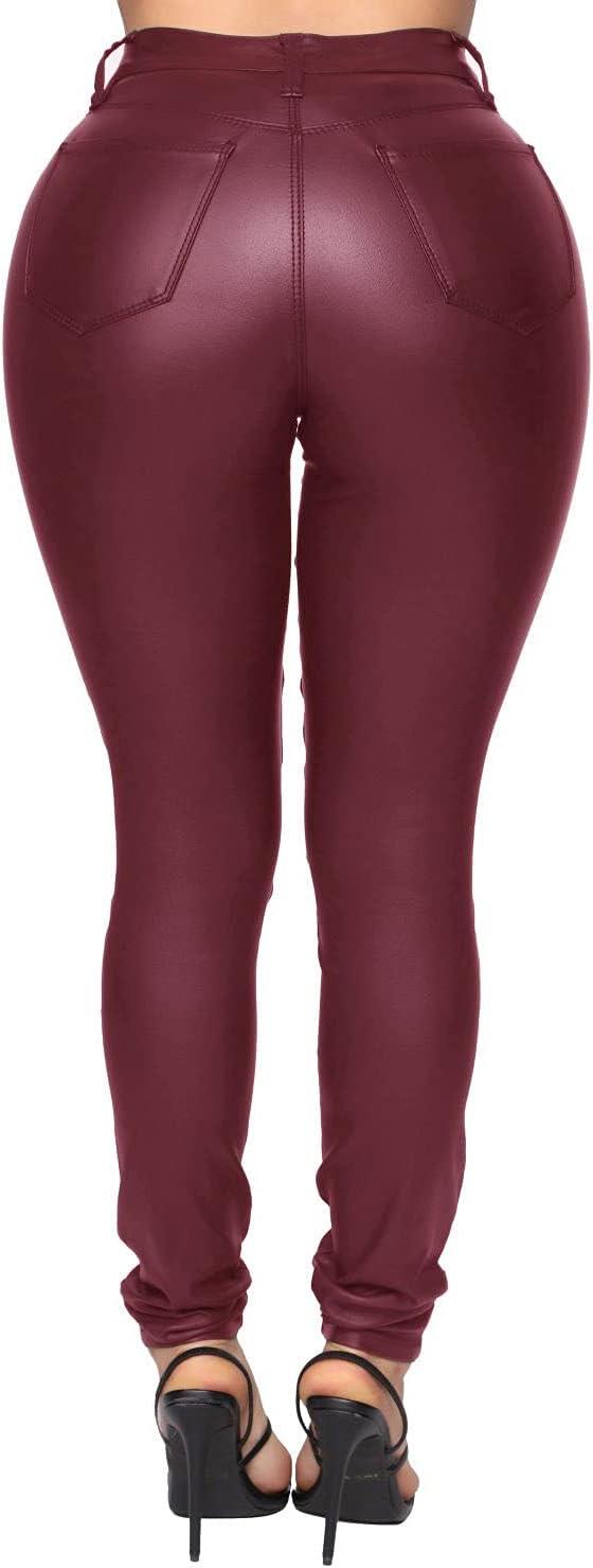 imageWomens High Waisted Stretch Faux Leather Pants PU Coated Legging Juniors022wine Red
