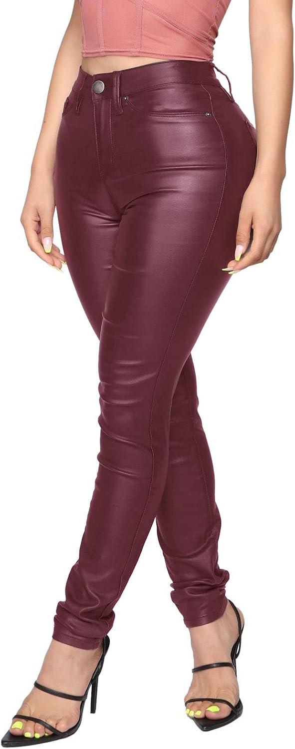 imageWomens High Waisted Stretch Faux Leather Pants PU Coated Legging Juniors022wine Red