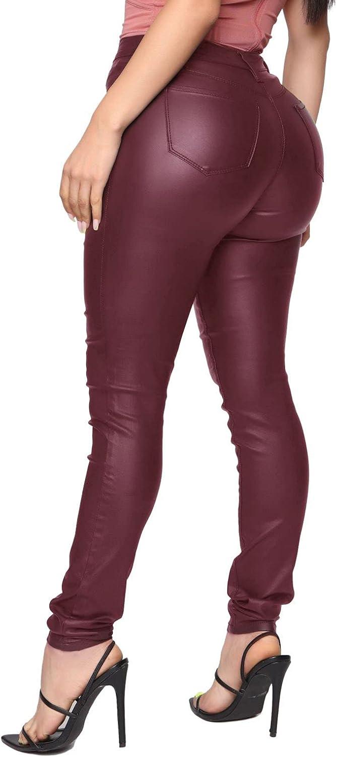 imageWomens High Waisted Stretch Faux Leather Pants PU Coated Legging Juniors022wine Red