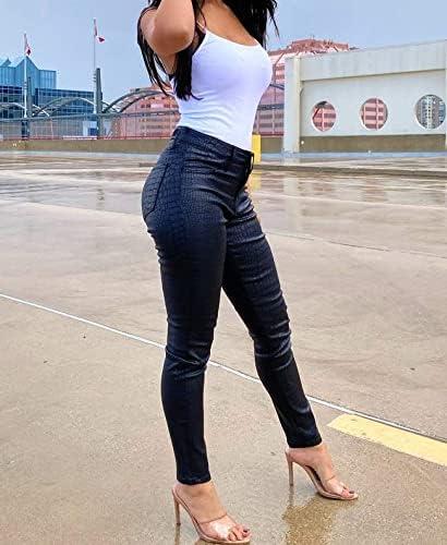 imageWomens High Waisted Stretch Faux Leather Pants PU Coated Legging Juniors028crocodile Black