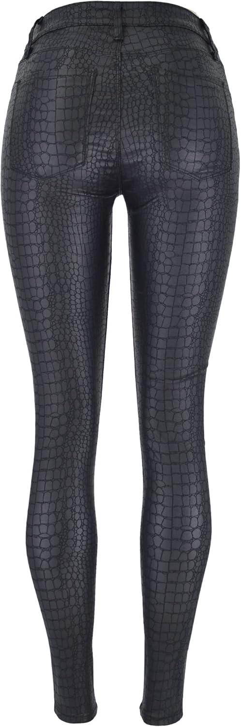 imageWomens High Waisted Stretch Faux Leather Pants PU Coated Legging Juniors028crocodile Black