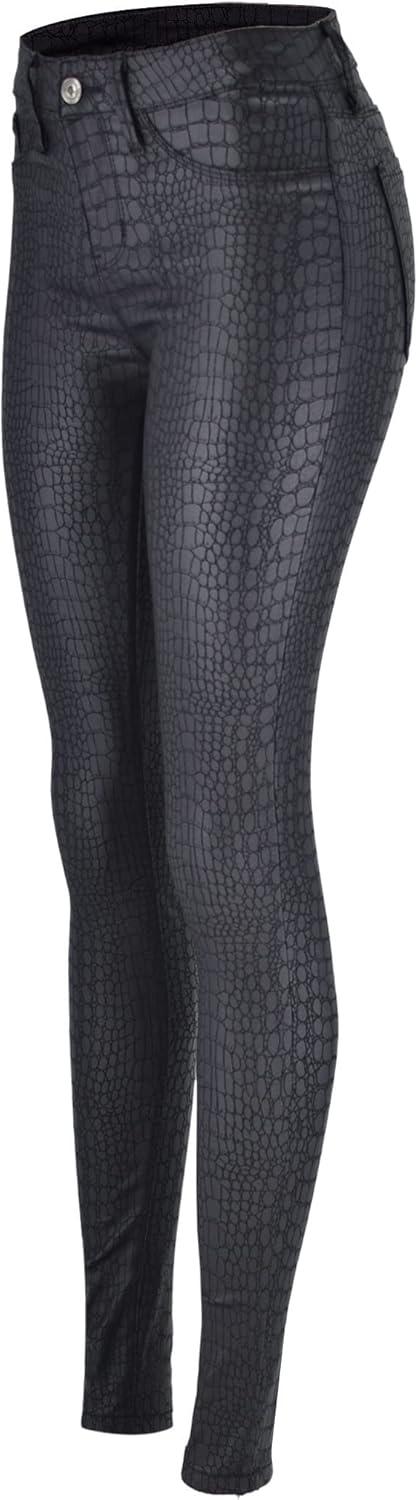 imageWomens High Waisted Stretch Faux Leather Pants PU Coated Legging Juniors028crocodile Black