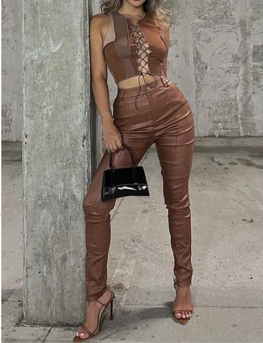imageWomens High Waisted Stretch Faux Leather Pants PU Coated Legging Juniors031light Brown