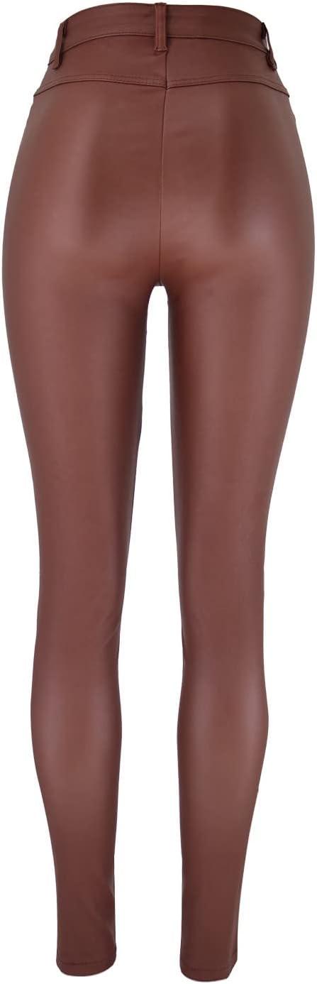 imageWomens High Waisted Stretch Faux Leather Pants PU Coated Legging Juniors031light Brown