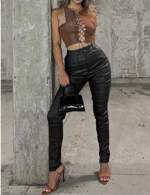 imageWomens High Waisted Stretch Faux Leather Pants PU Coated Legging Juniors032coated Black