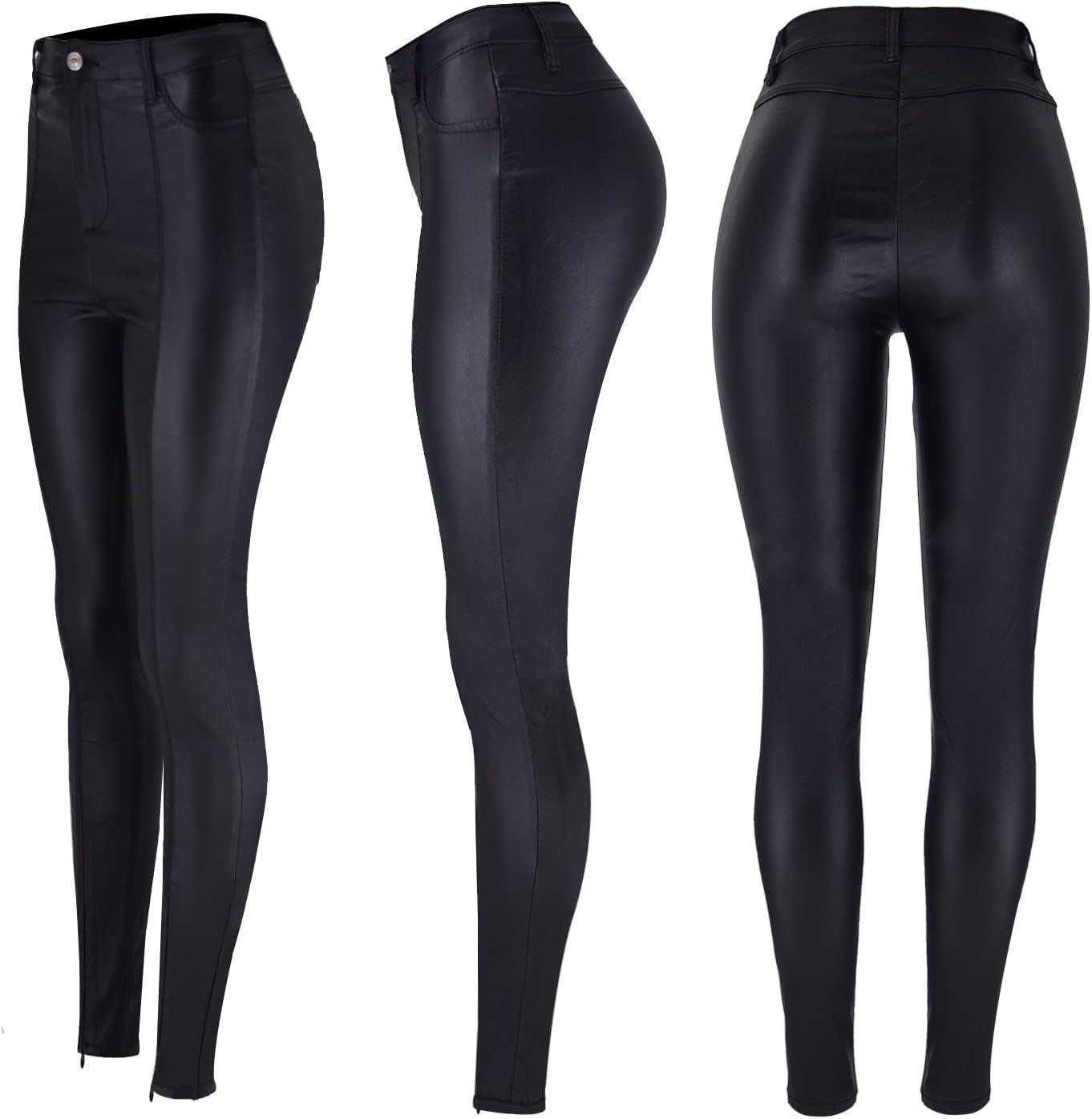 imageWomens High Waisted Stretch Faux Leather Pants PU Coated Legging Juniors032coated Black