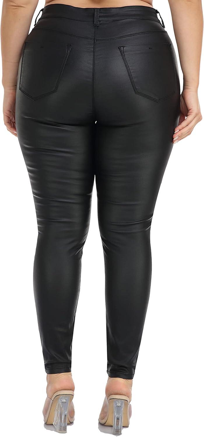imageWomens High Waisted Stretch Faux Leather Pants PU Coated Legging Juniors059blackplus