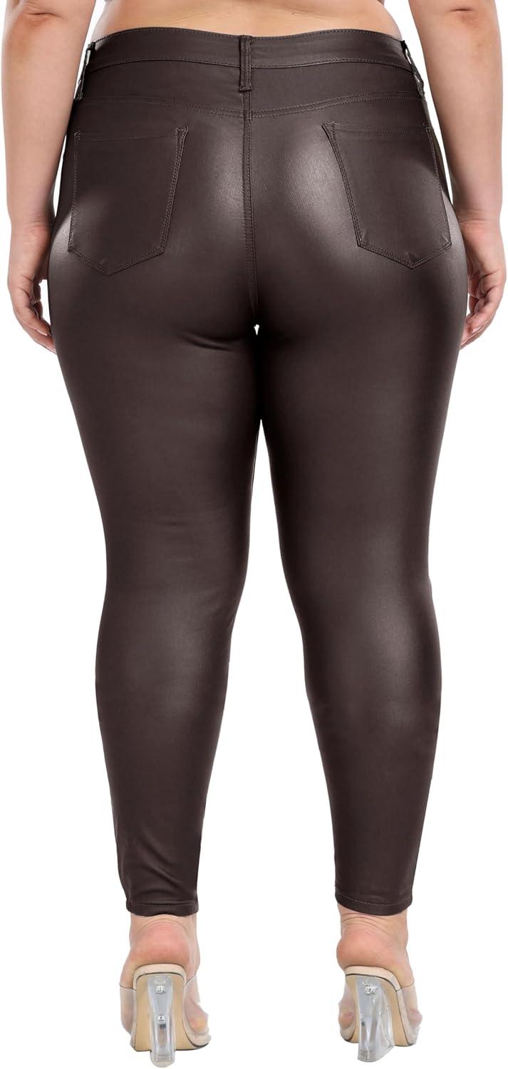 imageWomens High Waisted Stretch Faux Leather Pants PU Coated Legging Juniors074brownplus