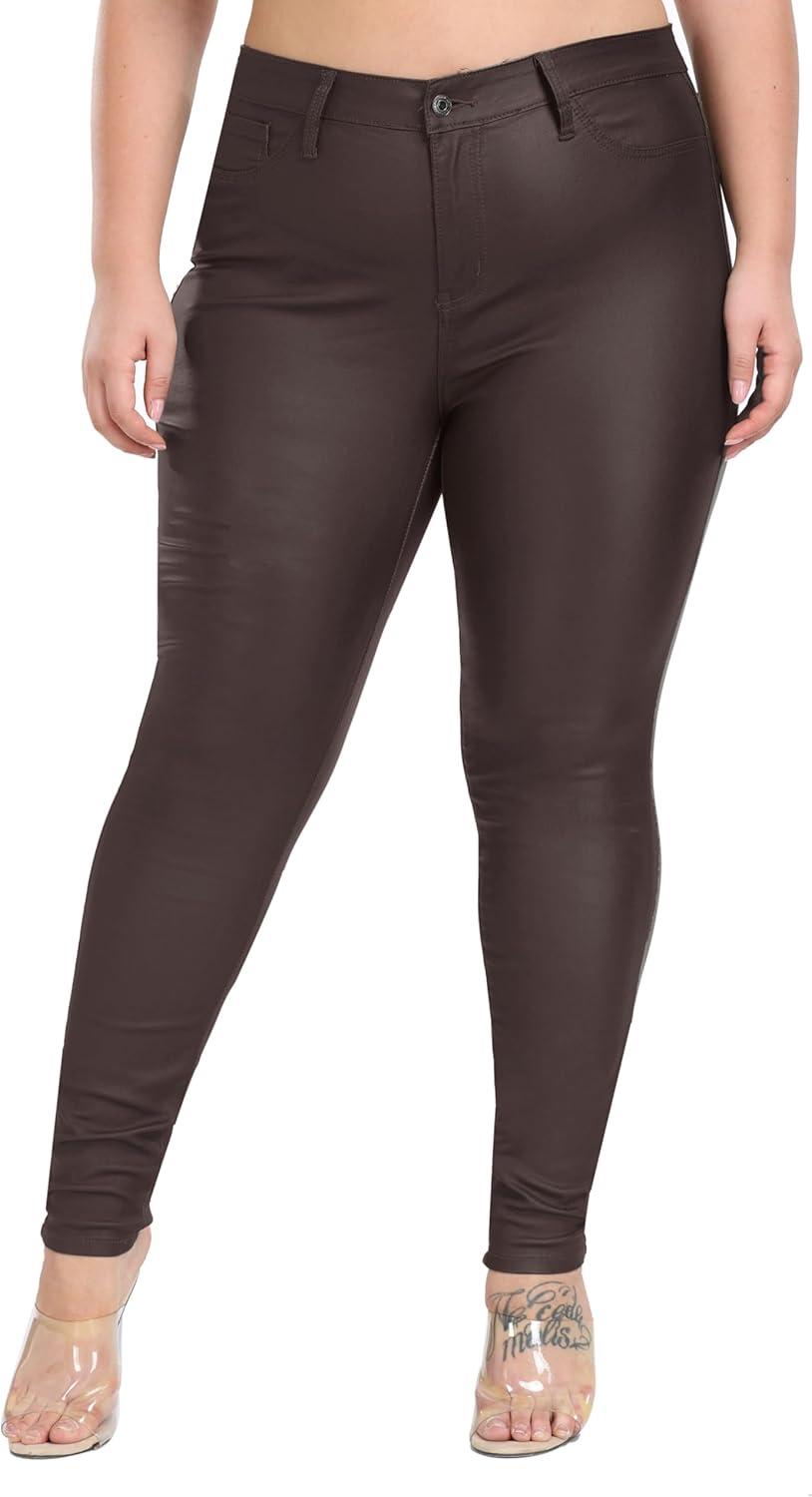 imageWomens High Waisted Stretch Faux Leather Pants PU Coated Legging Juniors074brownplus