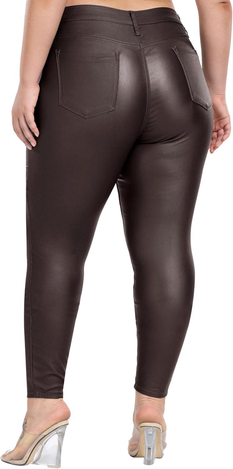 imageWomens High Waisted Stretch Faux Leather Pants PU Coated Legging Juniors074brownplus