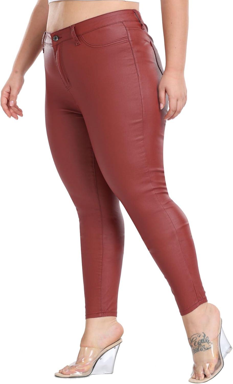 imageWomens High Waisted Stretch Faux Leather Pants PU Coated Legging Juniors076redwoodplus