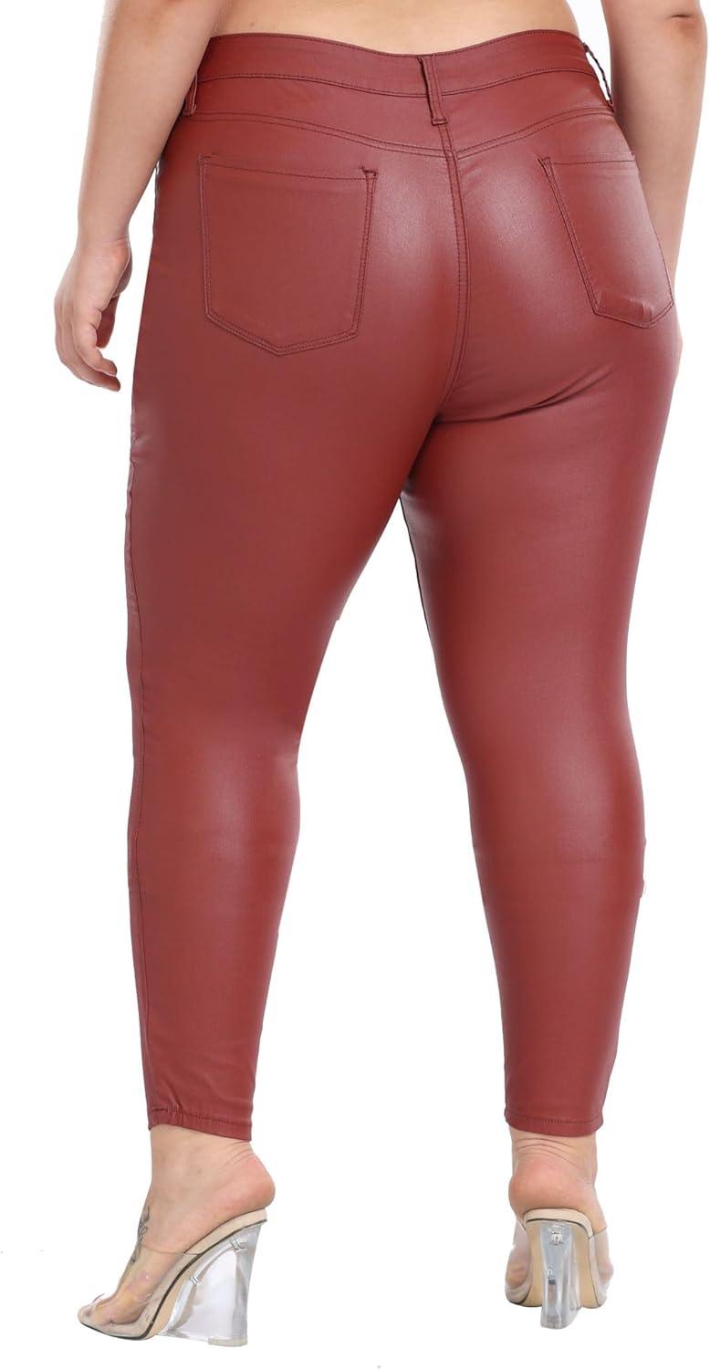 imageWomens High Waisted Stretch Faux Leather Pants PU Coated Legging Juniors076redwoodplus