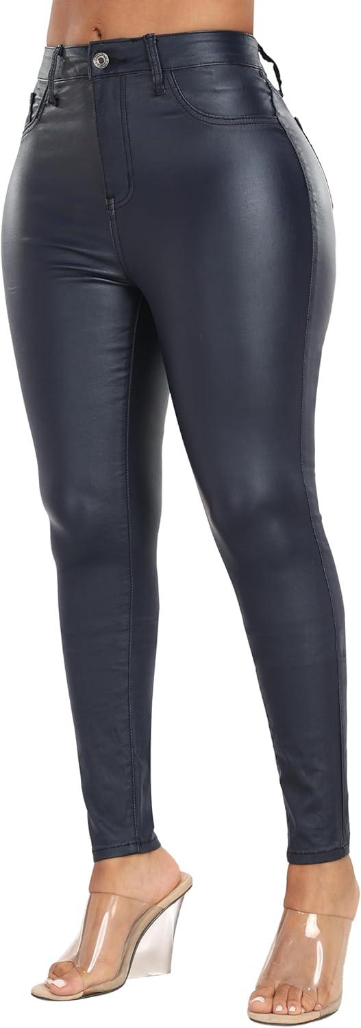 imageWomens High Waisted Stretch Faux Leather Pants PU Coated Legging Juniors092deep Blue