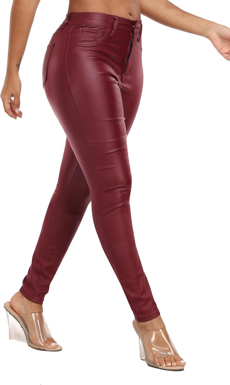 imageWomens High Waisted Stretch Faux Leather Pants PU Coated Legging Juniors093red