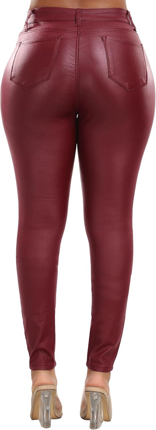 imageWomens High Waisted Stretch Faux Leather Pants PU Coated Legging Juniors093red