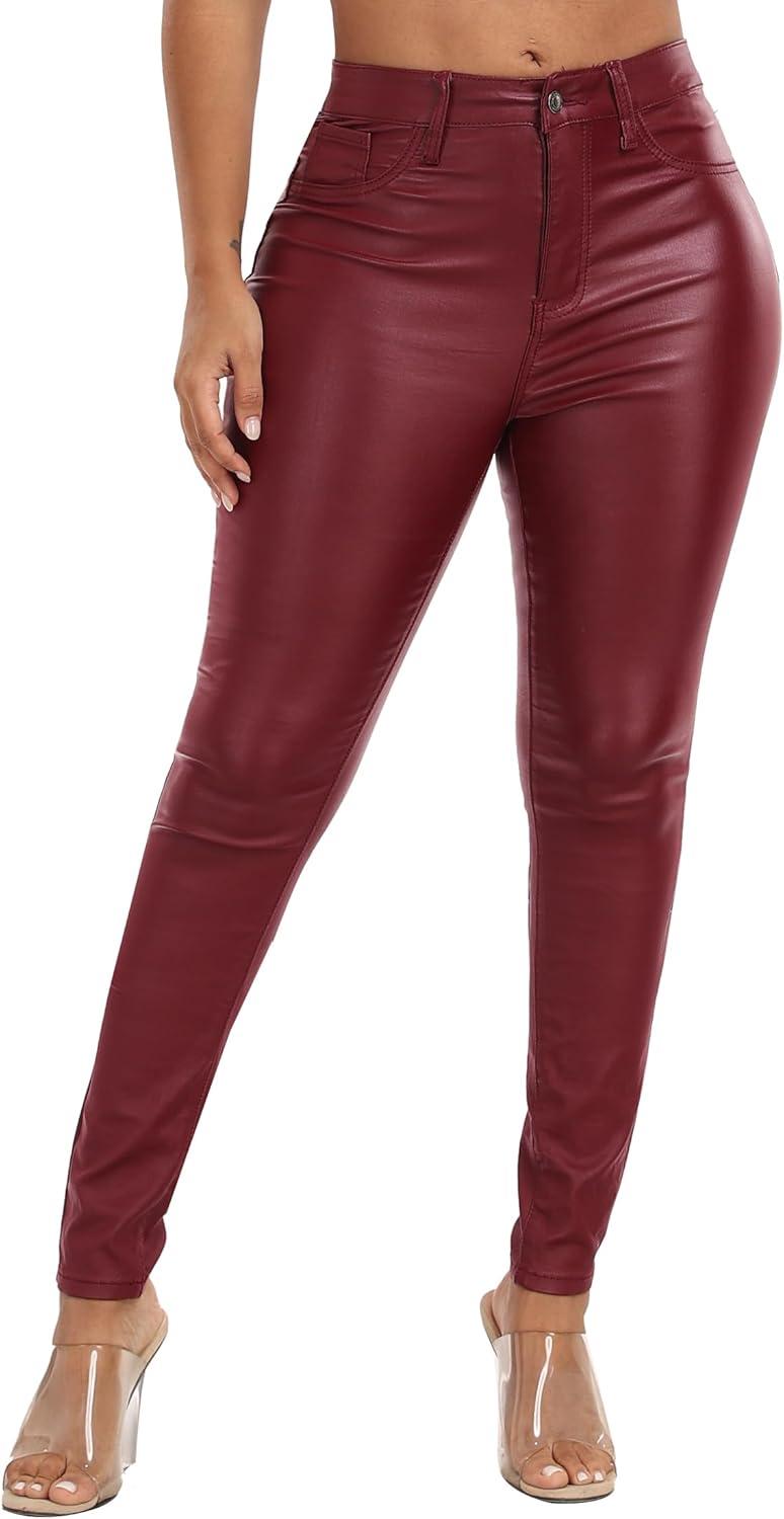 imageWomens High Waisted Stretch Faux Leather Pants PU Coated Legging Juniors093red