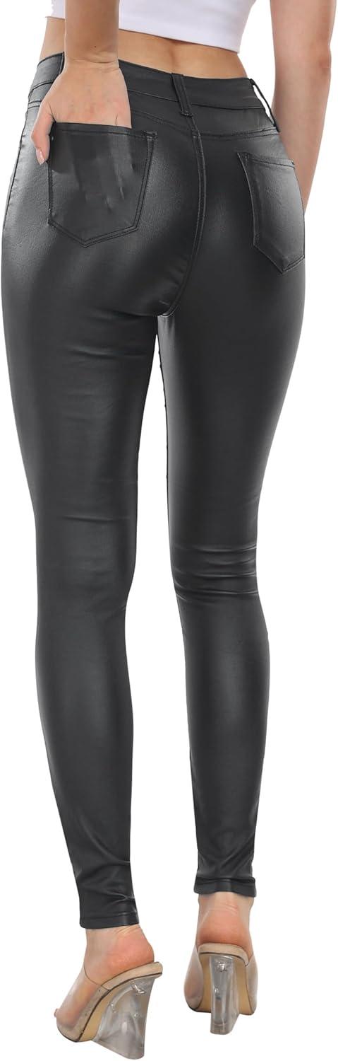 imageWomens High Waisted Stretch Faux Leather Pants PU Coated Legging Juniors094night Grey