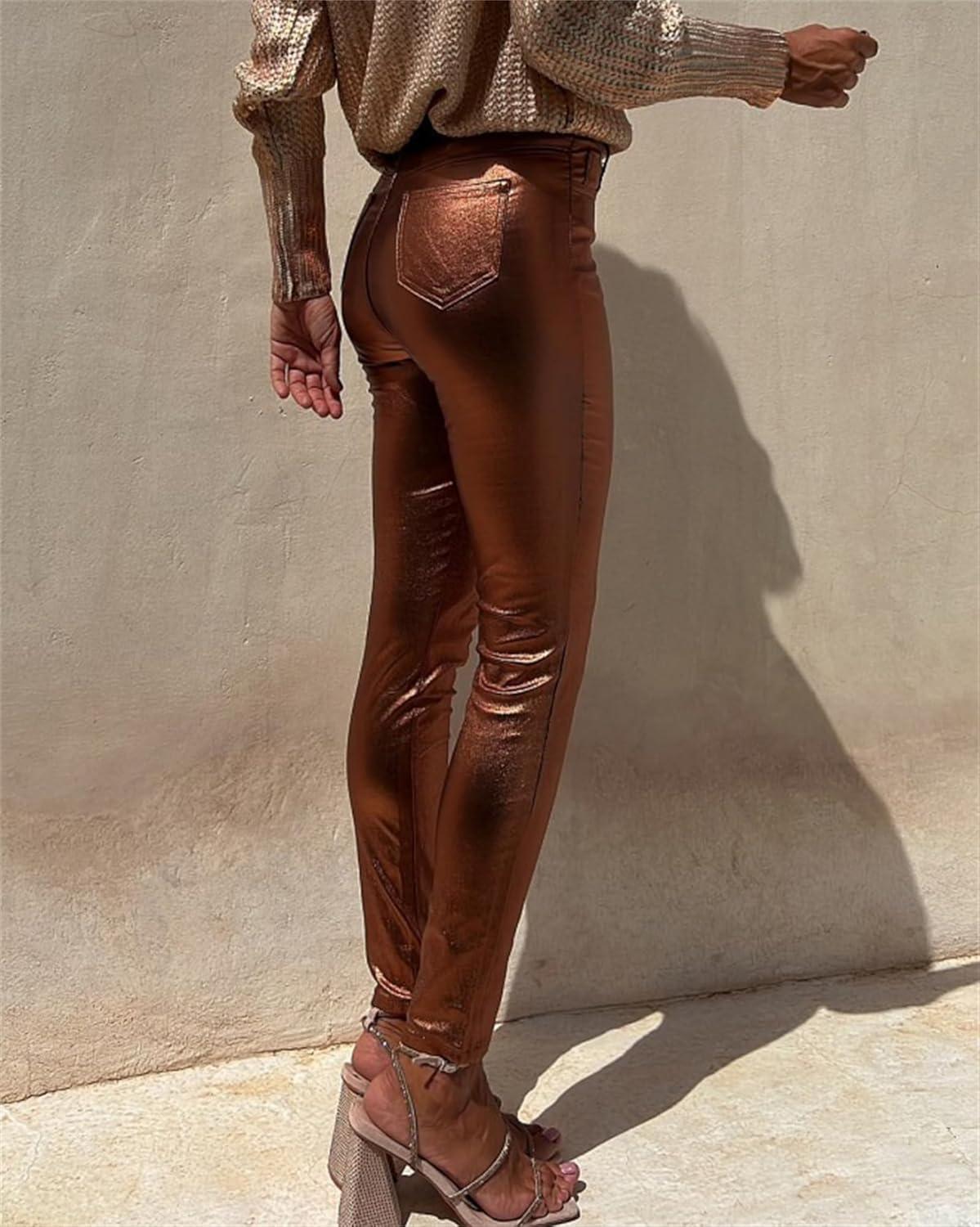imageWomens High Waisted Stretch Faux Leather Pants PU Coated Legging Special ColorGolden