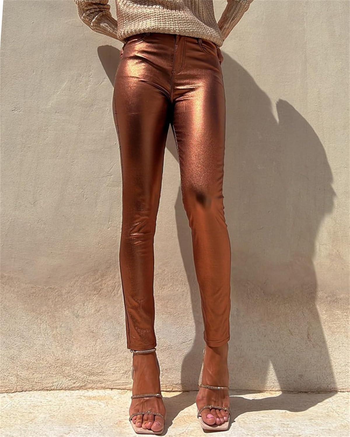 imageWomens High Waisted Stretch Faux Leather Pants PU Coated Legging Special ColorGolden