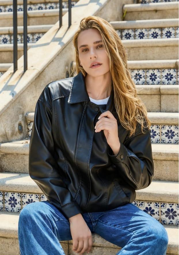 imageWomens Plus Oversized Faux Leather Bomber Jacket Street Style Casual Zip Up Coat Size Runs LargerBlack