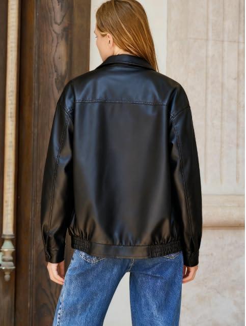 imageWomens Plus Oversized Faux Leather Bomber Jacket Street Style Casual Zip Up Coat Size Runs LargerBlack