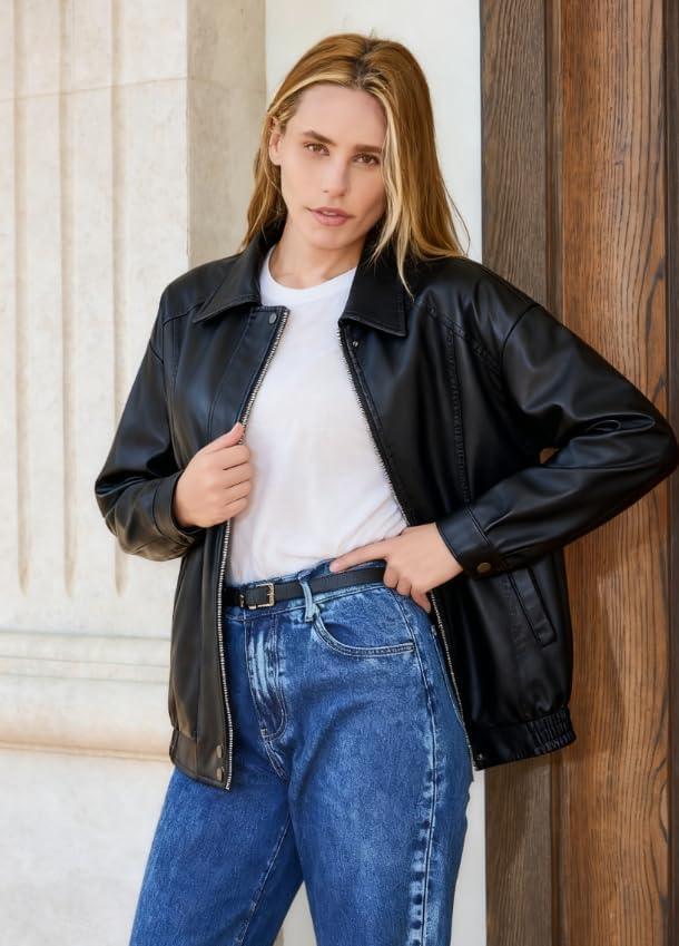 imageWomens Plus Oversized Faux Leather Bomber Jacket Street Style Casual Zip Up Coat Size Runs LargerBlack
