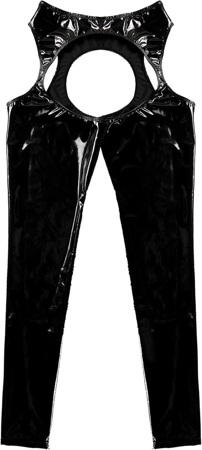 imageWomens Wet Look Leather Cutout Pantyhose ThighHigh Shiny Metallic Suspender Tights LeggingsBlack