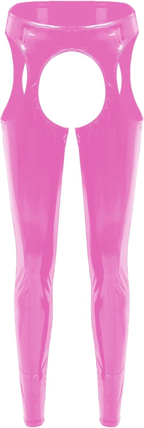 imageWomens Wet Look Leather Cutout Pantyhose ThighHigh Shiny Metallic Suspender Tights LeggingsPink