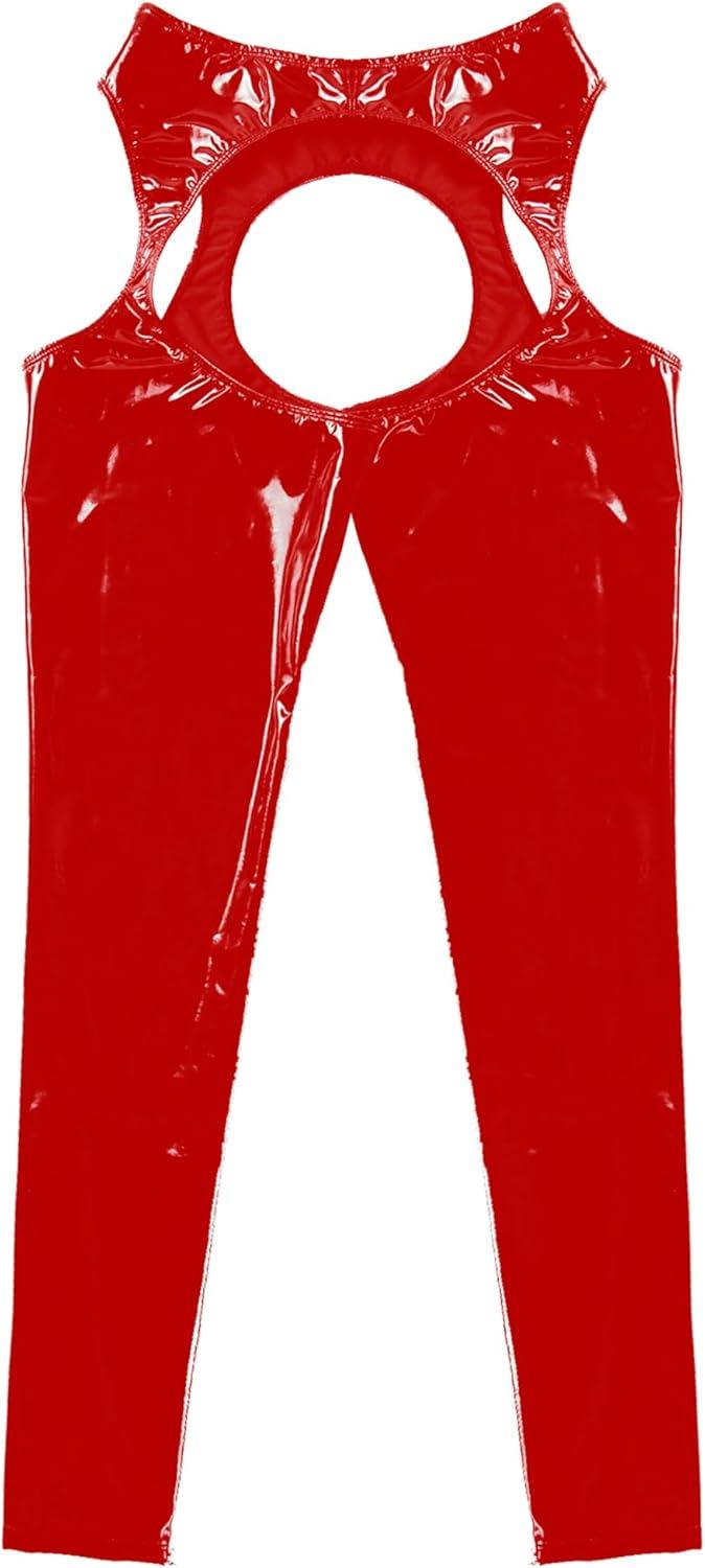 imageWomens Wet Look Leather Cutout Pantyhose ThighHigh Shiny Metallic Suspender Tights LeggingsRed