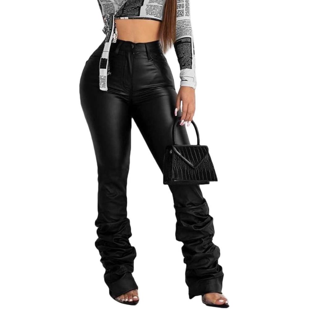 imageGUOLEZEEV PU Solid Middle High Waist Stacked Pants for Women Faux Leather Ruffle Ruched Bottom Leggings PantsPublack