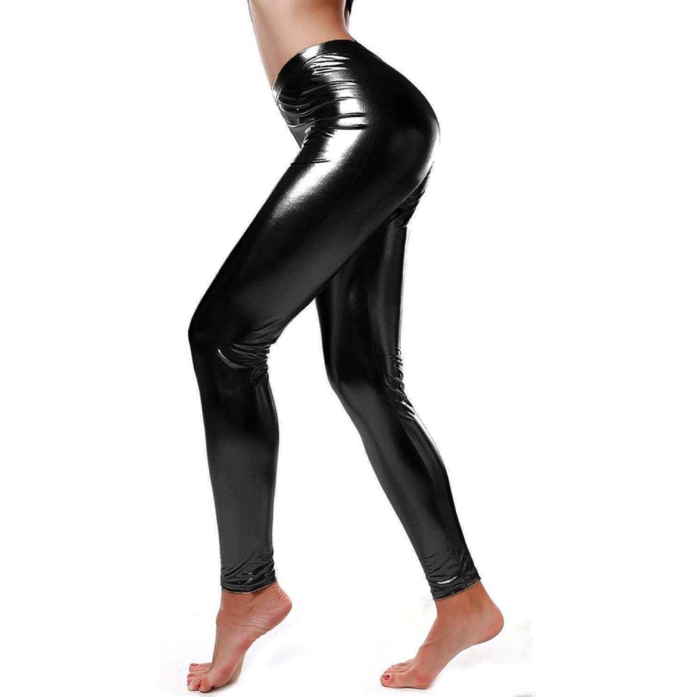 imageLoxdonz Women Wet Look Shiny Metallic Leggings Liquid Waist Stretch PantsBlack