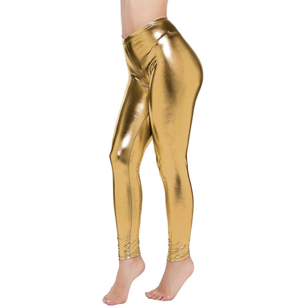 imageLoxdonz Women Wet Look Shiny Metallic Leggings Liquid Waist Stretch PantsGold