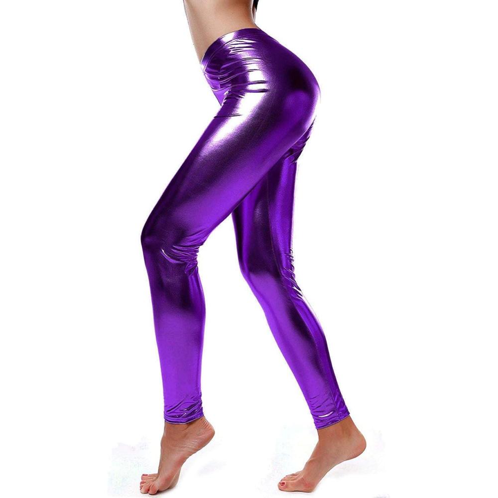 imageLoxdonz Women Wet Look Shiny Metallic Leggings Liquid Waist Stretch PantsPurple