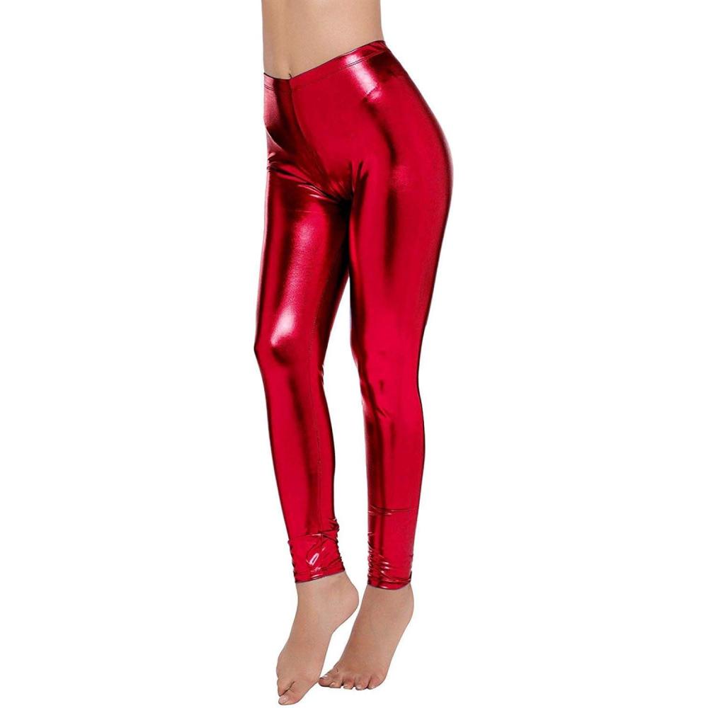 imageLoxdonz Women Wet Look Shiny Metallic Leggings Liquid Waist Stretch PantsRed