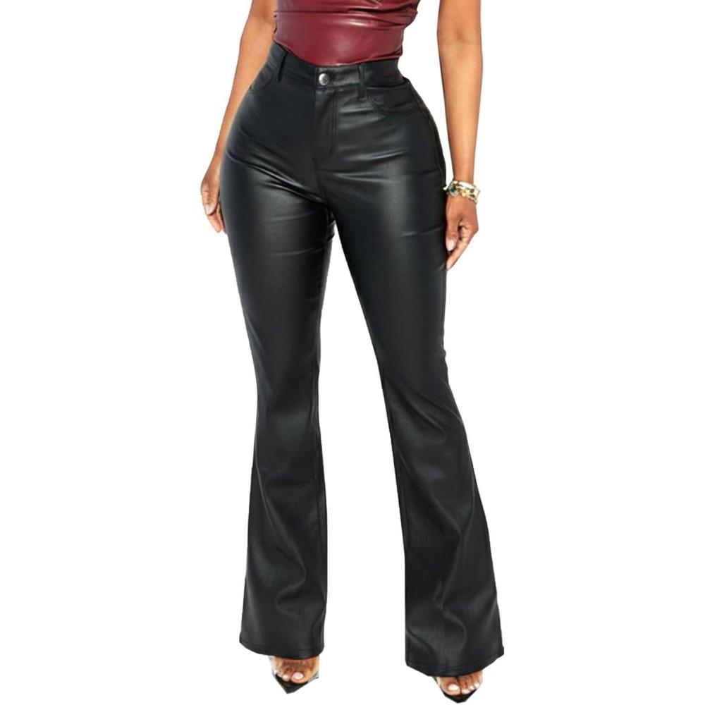 imageNavneet Women Faux Leather Pants PU High Waist Straight Leg Pant with Pockets Leather Leggings Bell Bottom Flare Pants2 Black Flare Leather Pants
