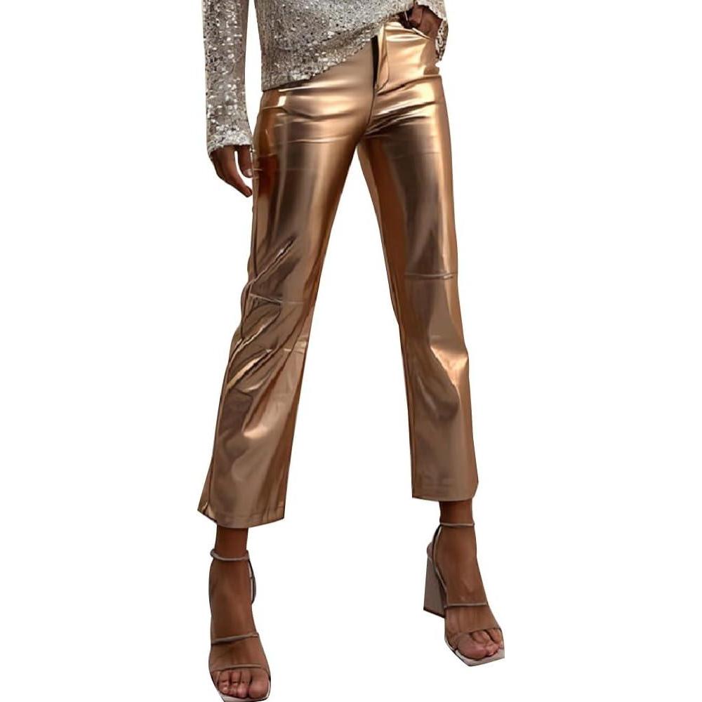 imageShiny Metallic Womens Holographic Glitter Rave Dance Cropped PantsGold