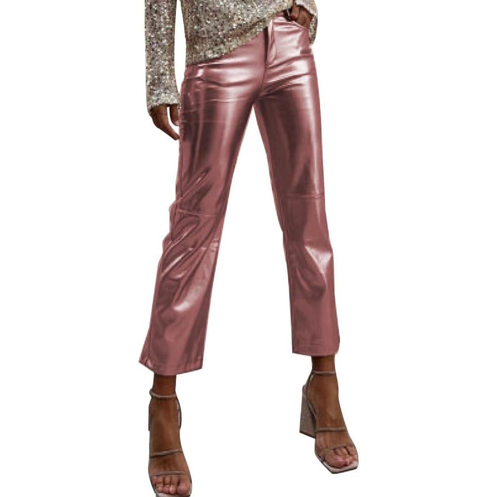 imageShiny Metallic Womens Holographic Glitter Rave Dance Cropped PantsRose Pink