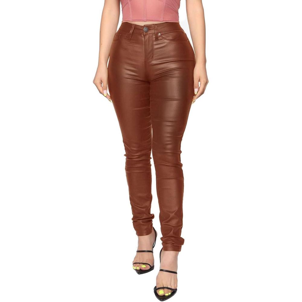 imageWomens High Waisted Stretch Faux Leather Pants PU Coated Legging Juniors015light Coffe